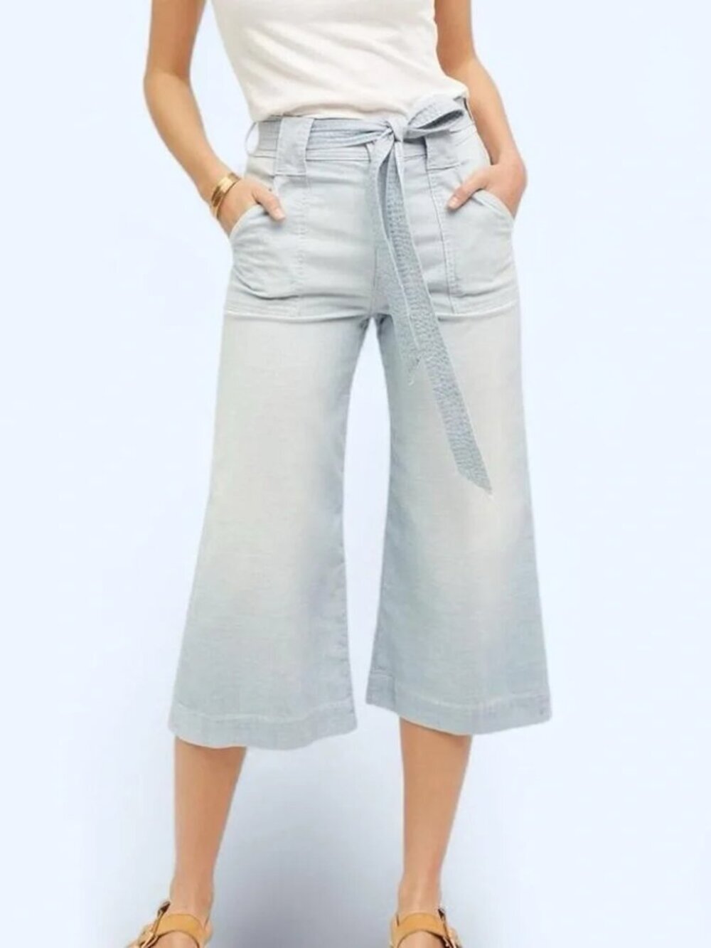 7 For All Mankind Anthro High Rise Tie Waist Palazzo Crop Jeans Light 26 NWOT